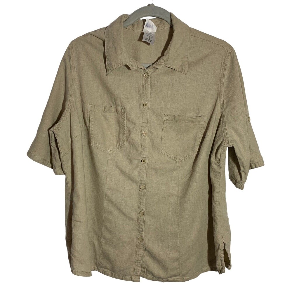 Women's Vintage 90s Size 1X Whipped Latte Linen Blend Button Up Shirt Lagenlook